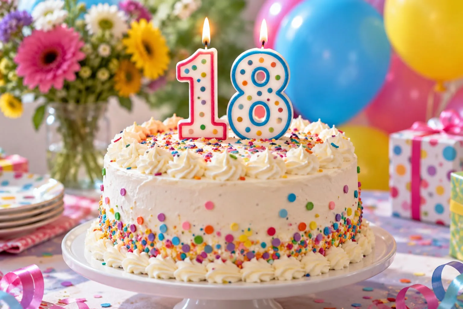 Farbenfrohe Geburtstagstorte zum 18. Geburtstag mit Blumen und Ballons