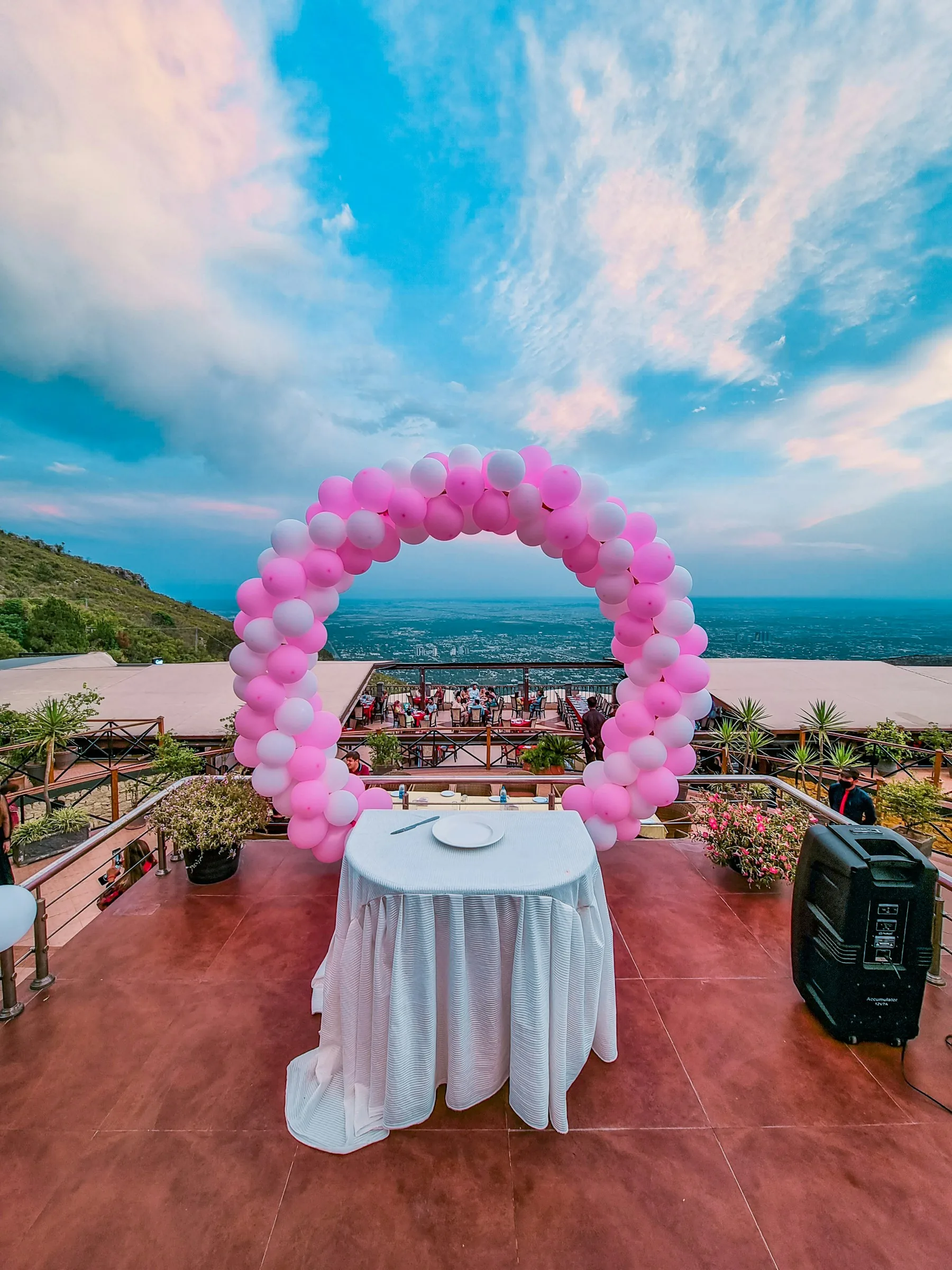 Rosa und blaue Ballons an einer festlich dekorierten Tafel